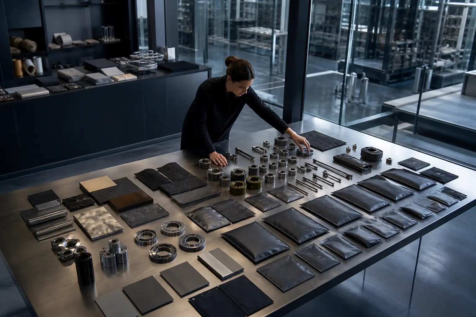 Woman arranging metal parts and material samples across a steel worktable