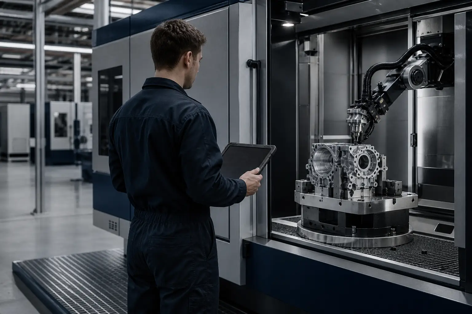 Technician holding a tablet beside a robotic machine working on a metal component