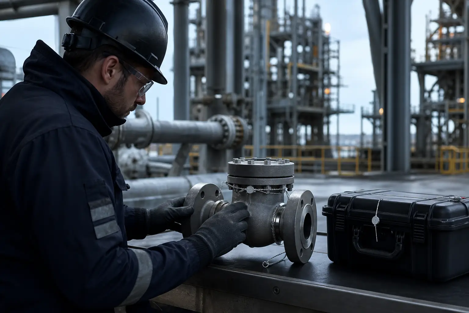 Hard-hat worker inspecting a sealed industrial valve beside a black equipment case