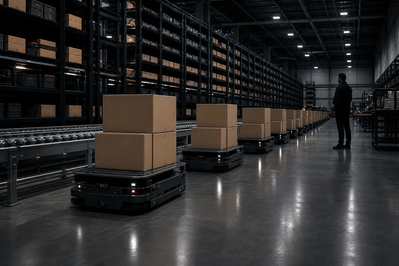 Cardboard boxes riding autonomous carts and conveyors through a warehouse