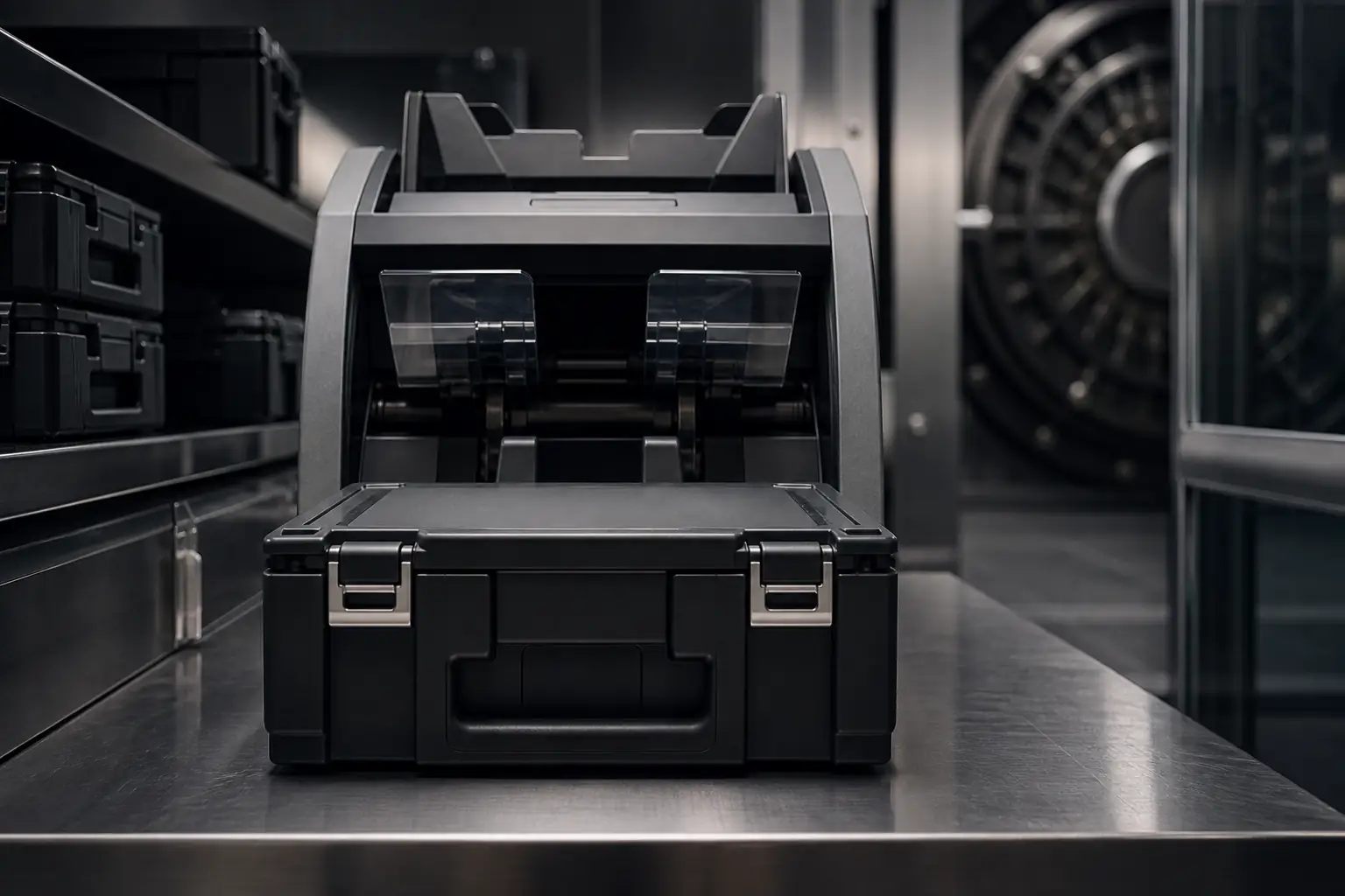 Secure black equipment case on a steel workbench inside a vault