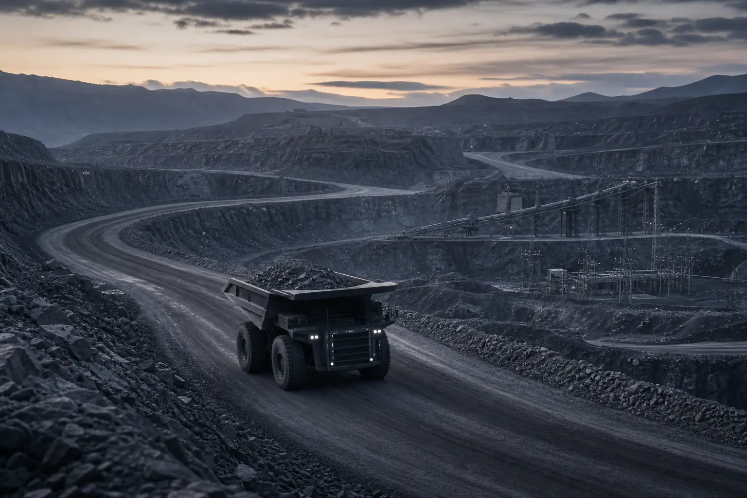 Dump truck driving through a terraced open-pit mine at dusk
