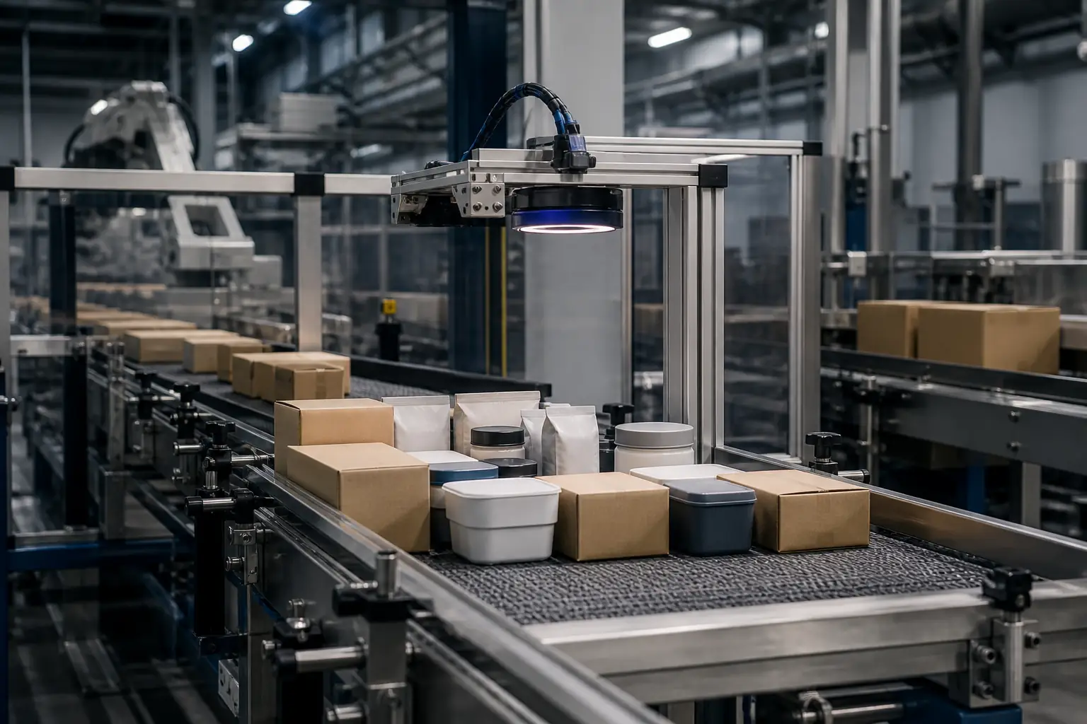 Unlabelled food packages moving along a conveyor under an inspection light