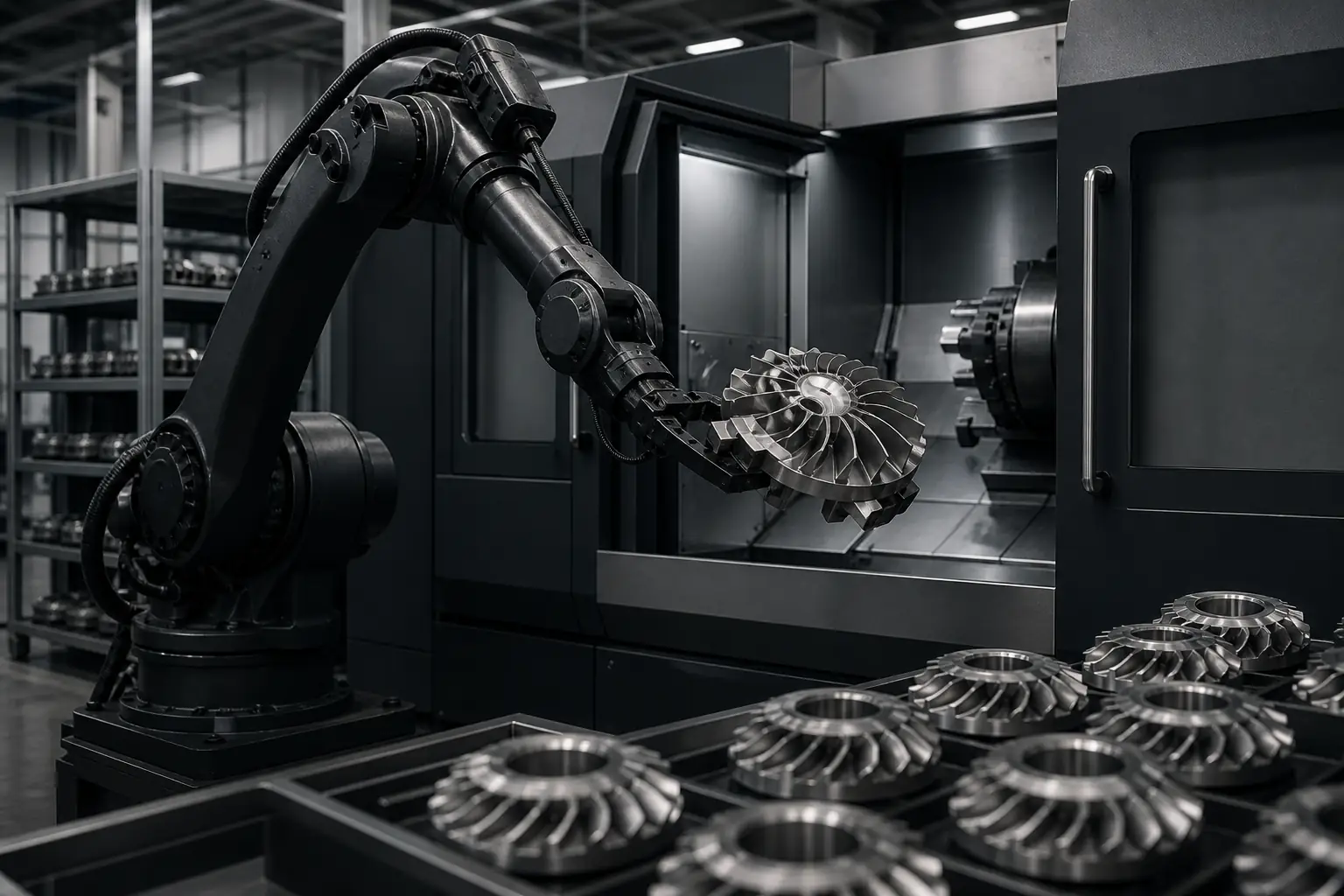 Robotic arm holding a metal turbine wheel beside a machine tool