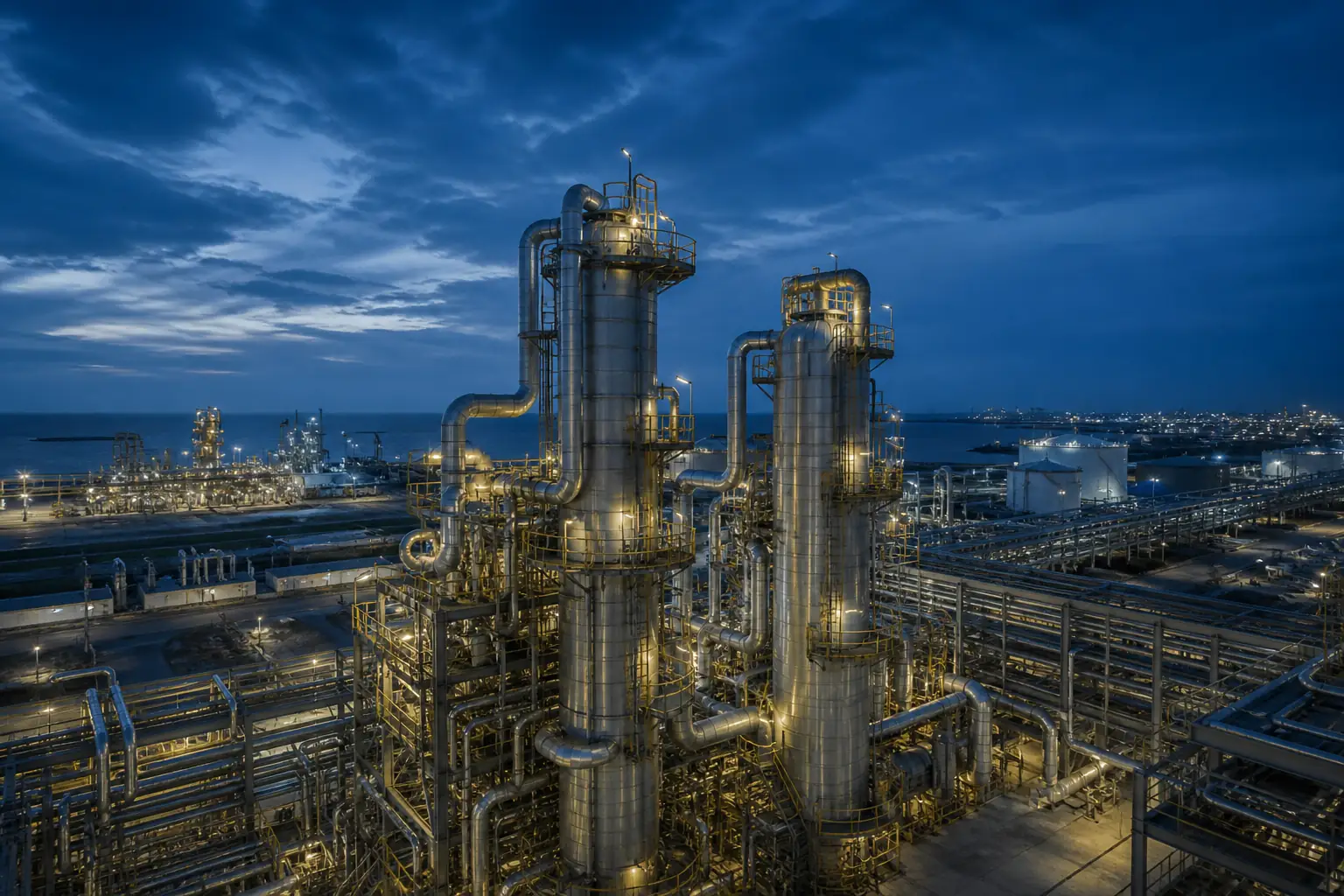 Illuminated refinery towers and pipework beside the water at twilight