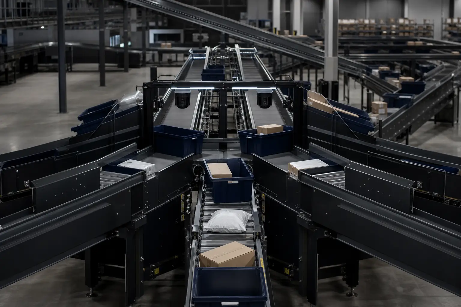 Parcels in blue bins moving through an automated conveyor sorting facility