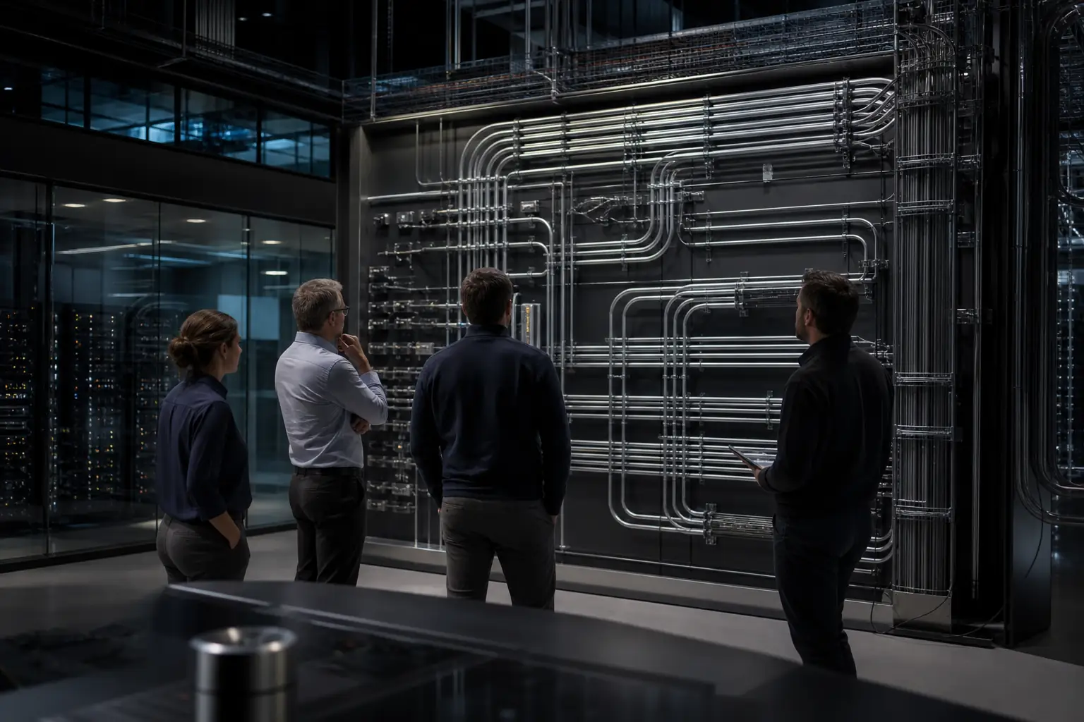 Four people studying a wall-mounted network of metal conduits