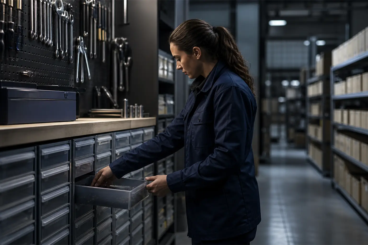 Worker retrieving a part from organized storage drawers