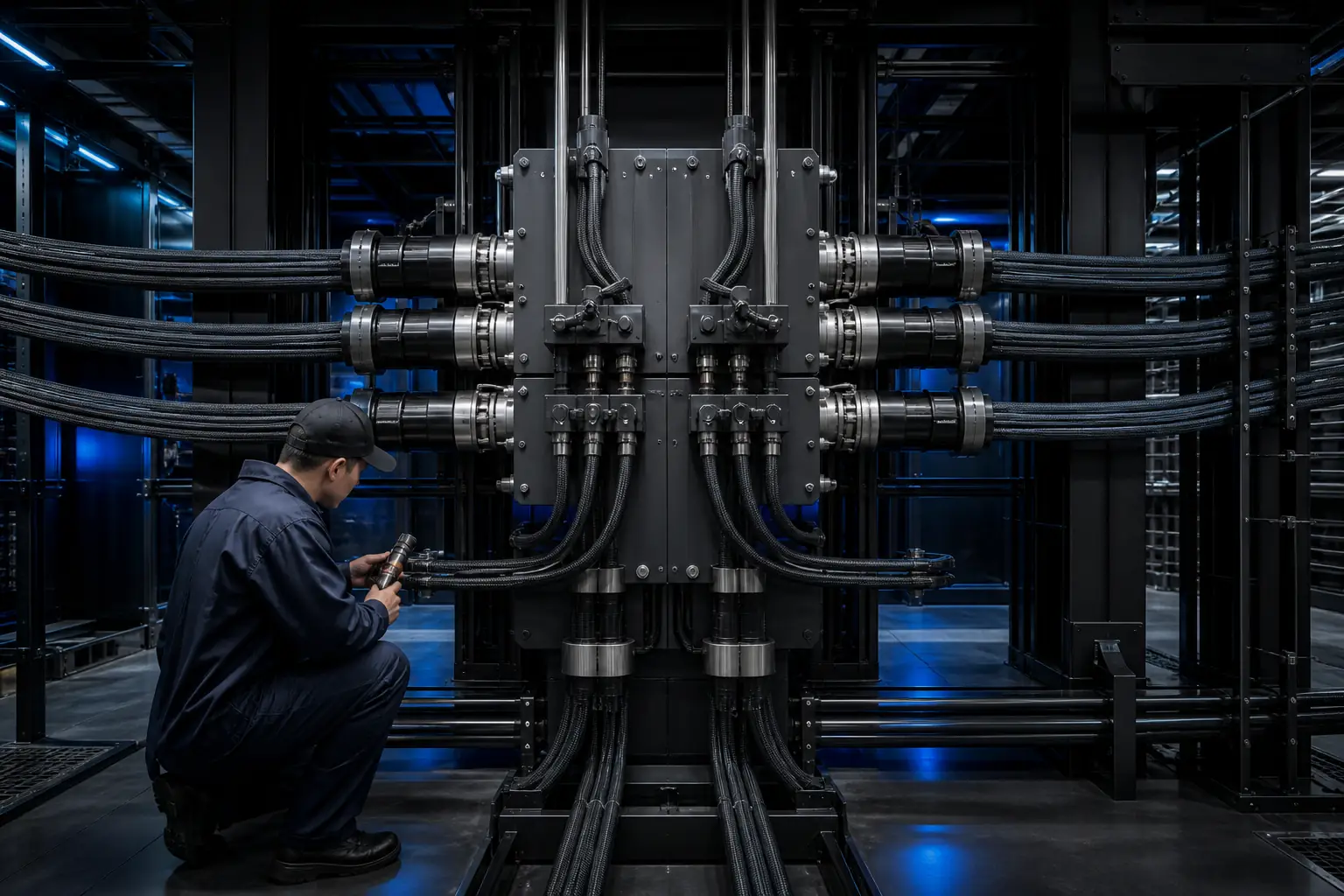 Technician inspecting a cable connection on a large black equipment frame