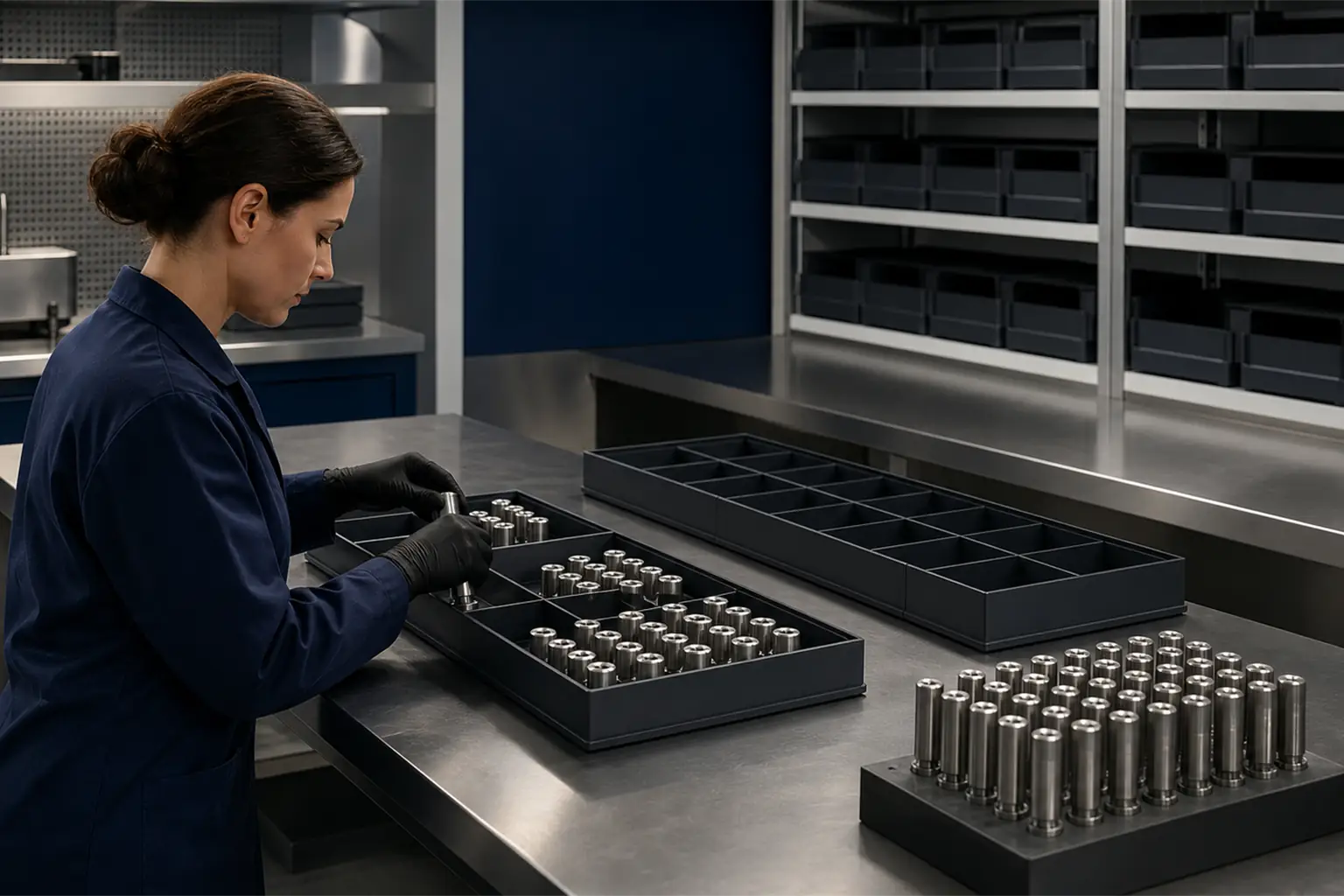 Worker sorting identical metal cylinders into compartment trays