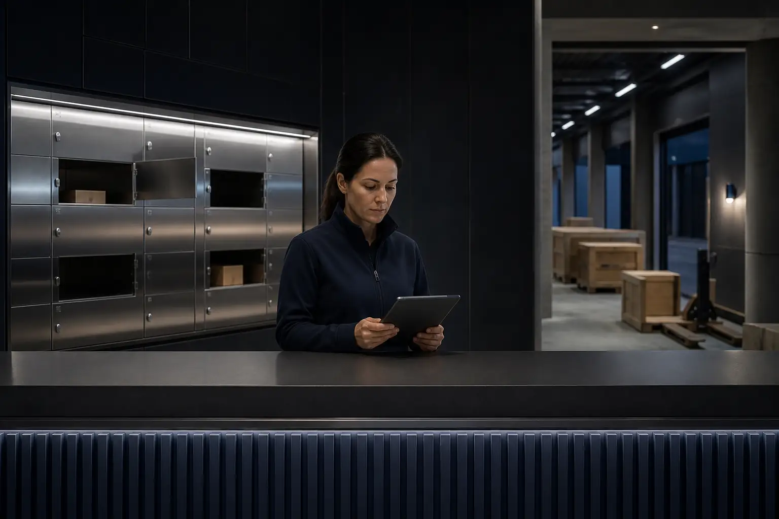 Warehouse worker using a tablet at a counter beside steel lockers