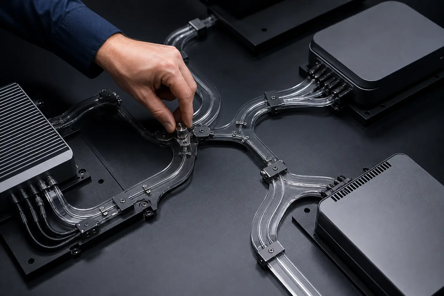 Hand adjusting a junction in transparent tubes connecting four black devices