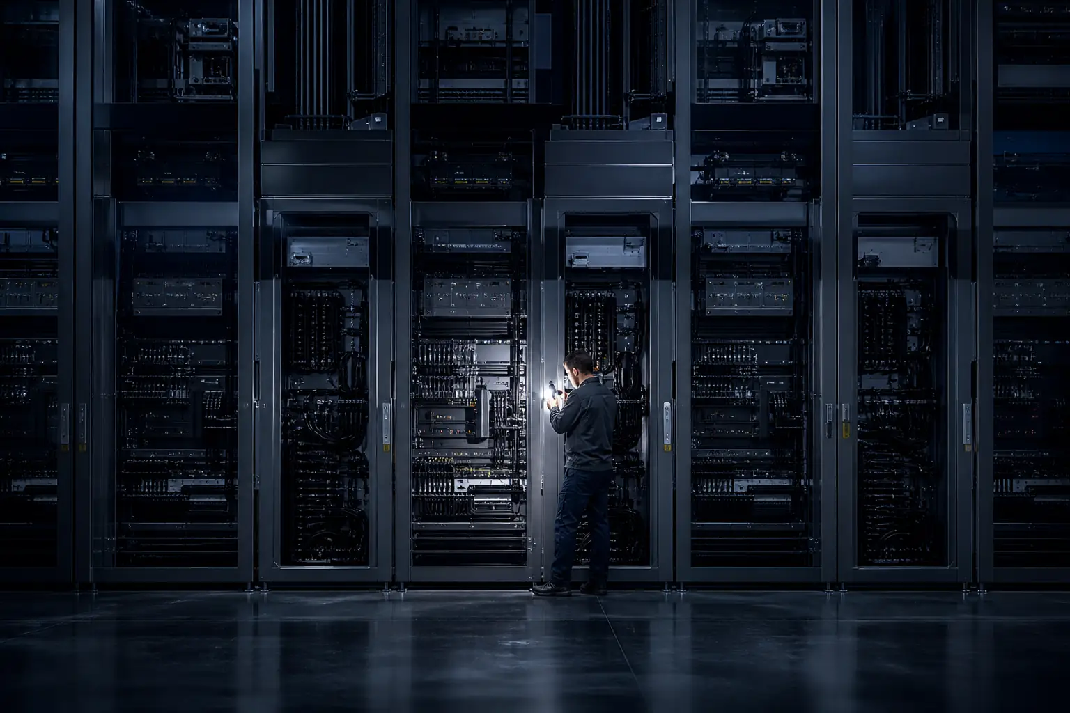 Technician inspecting a row of server racks with a flashlight