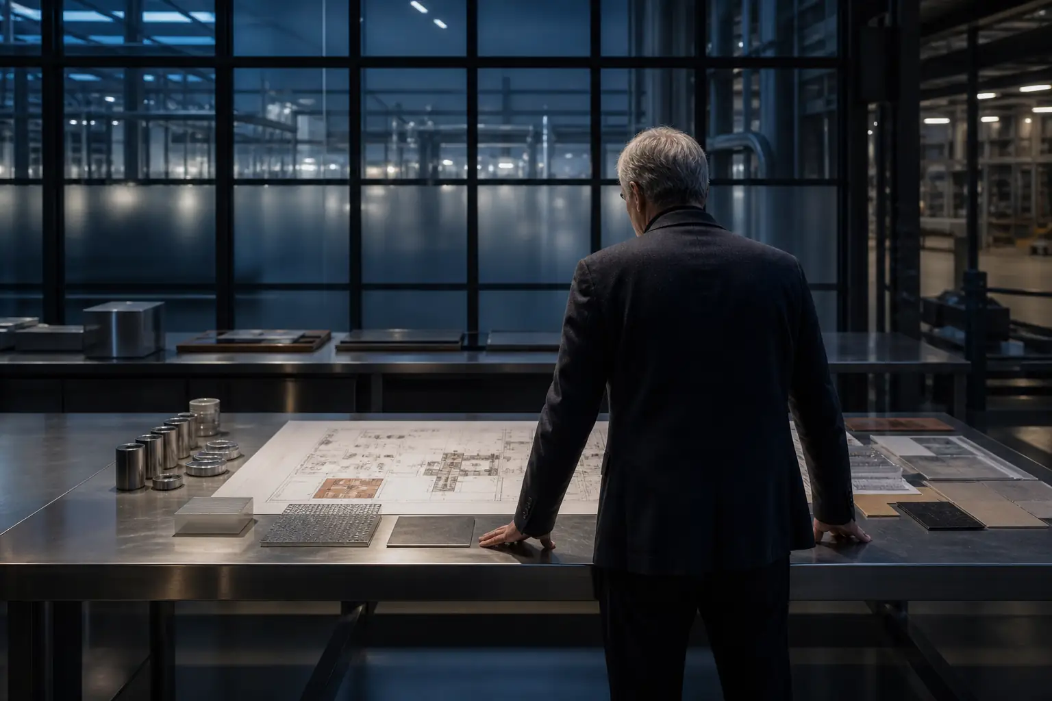 One professional reviewing technical plans and material samples at a steel worktable