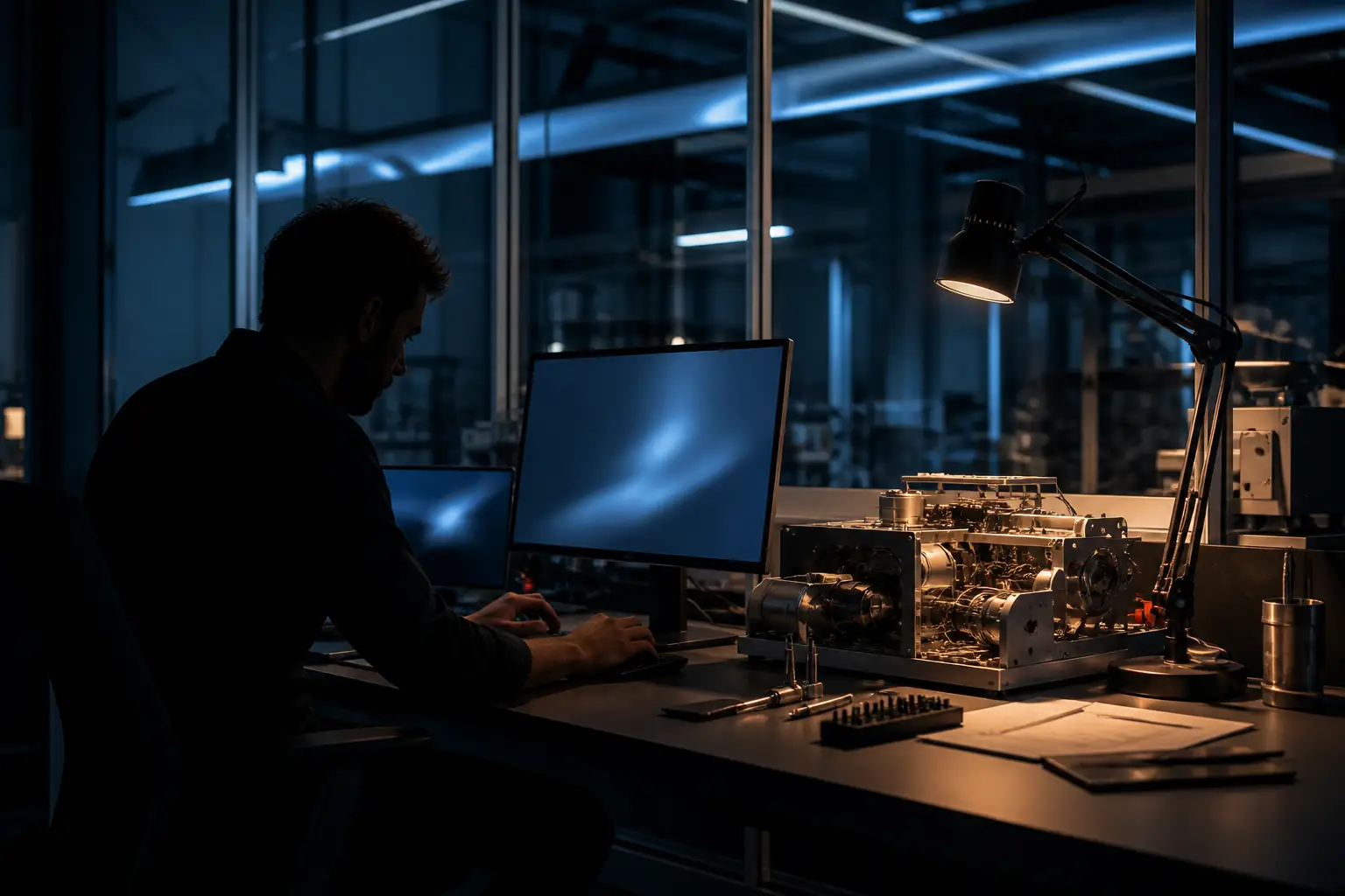 Engineer working at a computer beside an exposed machine prototype