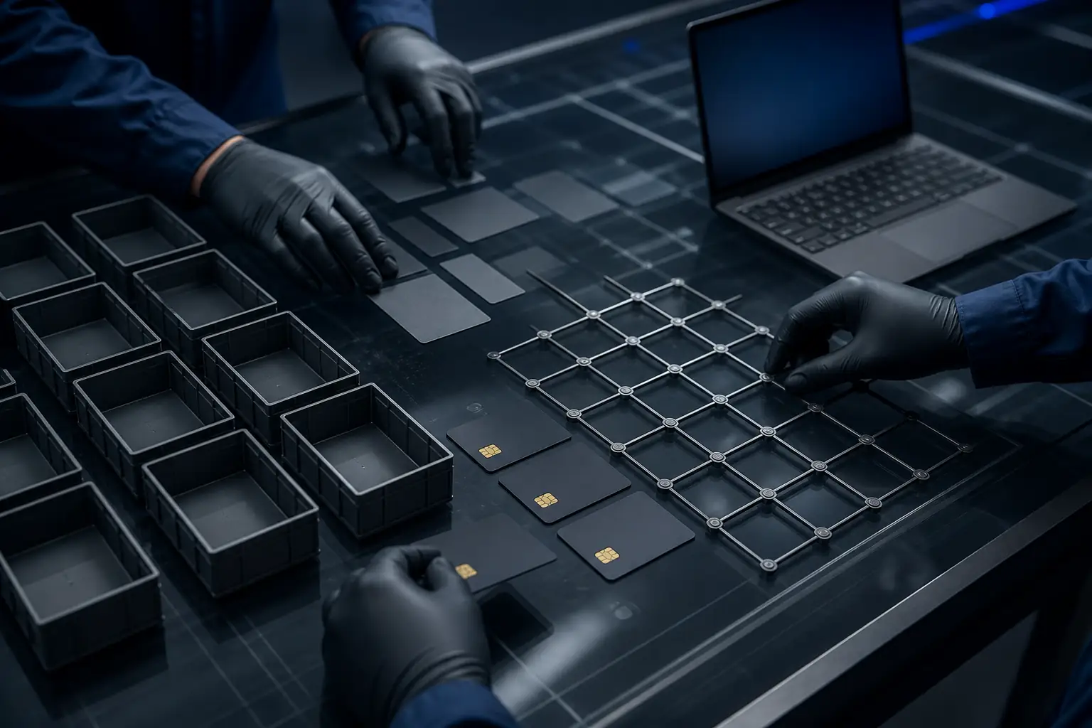Three gloved workers arranging black cards and a metal grid beside a laptop