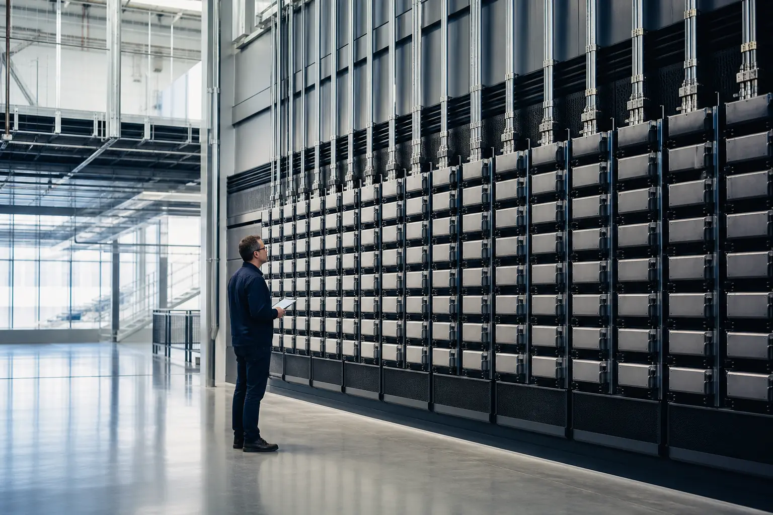 Engineer inspecting rows of server modules beneath vertical cabling in a technical facility