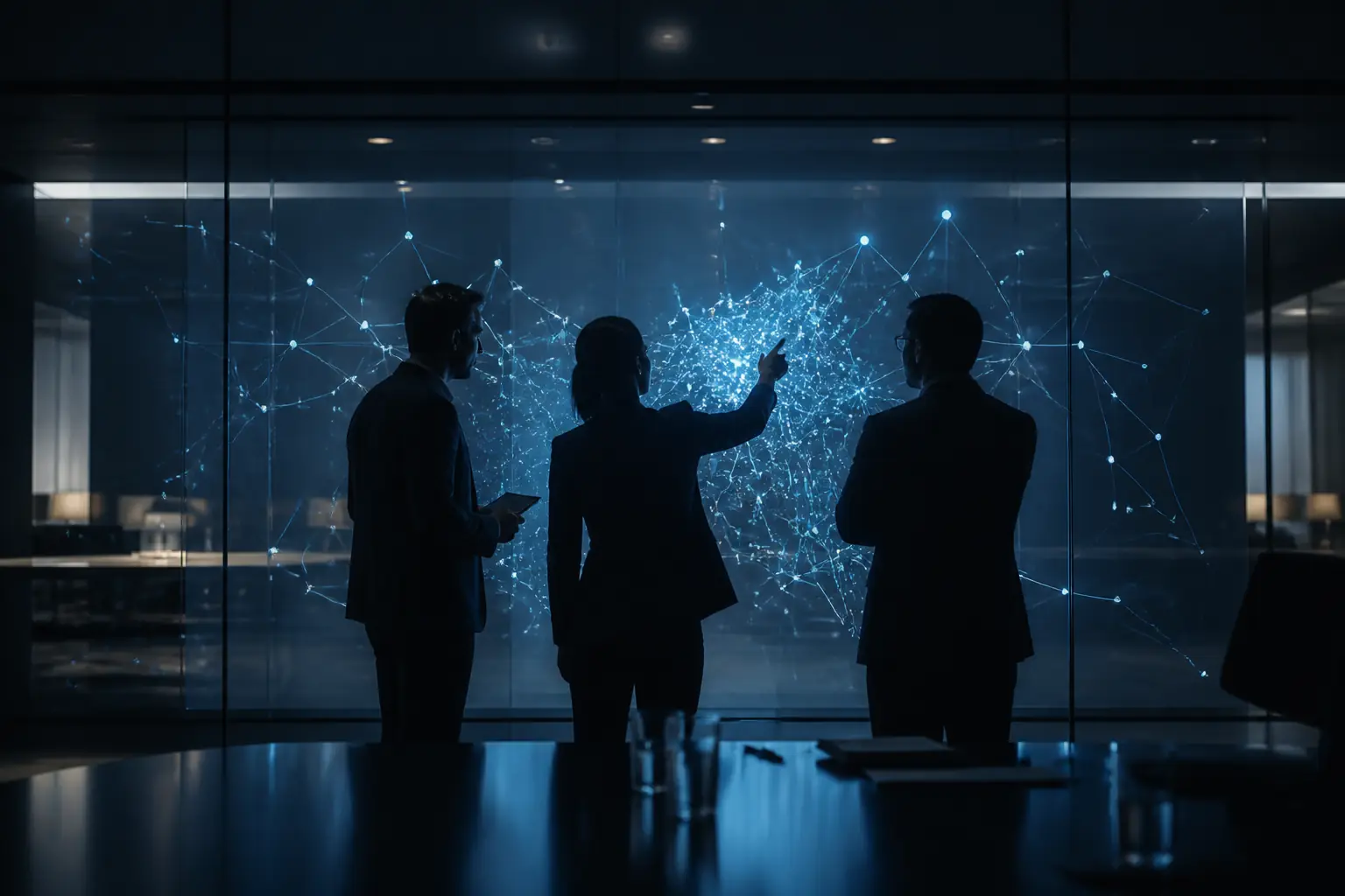 Three analysts studying an abstract network of glowing data points on a glass wall