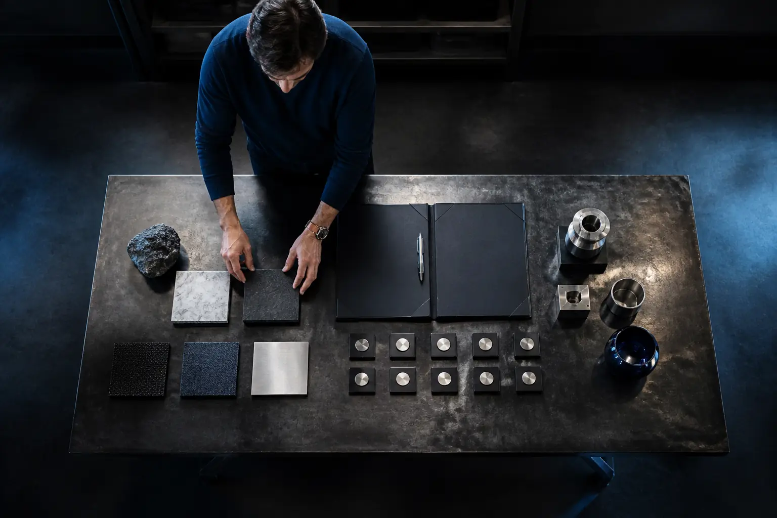 Procurement specialist arranging supplier material samples beside a blank contract folder